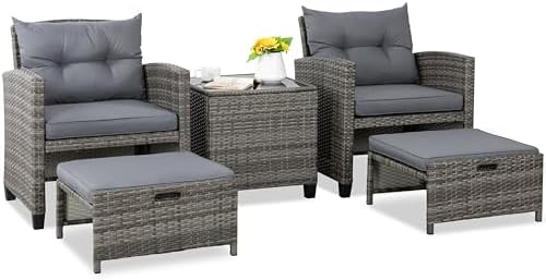 Compact Gray Rattan Ottoman Chat Set