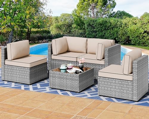 Modular Gray Rattan Five-Piece Sectional Sofa